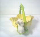 Ceramic Easter Basket Candy Dish 2 Bunnies Playing In Cabbage Vintage Rare