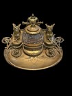 Antique Leblanc Art Nouveau Brass Hinged Sphinx Inkstand W  Orig Glass Inkwell