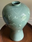 Korean Celadon Crane Vase 12  Signed