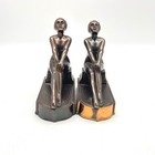 Vintage Art Deco Bronze Tone Clad Seated Nude Female Bookends Japan Pair Patina