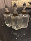 Antique French Three Glass Perfume Bottles Crystal Stoppers Gold Ormolu Caddy