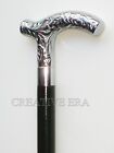 Brass Victorian Silver Antique Designer Handle Black Wooden Walking Cane Vintage