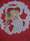 1940s Vintage Greeting Card Christmas Girl W  Red Mittens   Hat W  A Muff