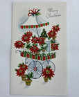 Vintage Mid Century Christmas Greeting Card Red Poinsettias Flower Floral Cart