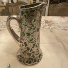 Antique  1920s Sterling Silver Engraved Overlay Green Glass Pitcher 10 5    Read