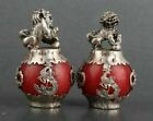 A Pair Chinese Old Tibet Silver Hand Carved Armor Jade Dragon Lion Statue
