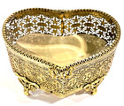 Vintage Heart Shaped Gold Filigree Jewelry Trinket Casket Box With Beveled Glass