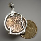 Ancient Roman Copper Coin Dug From Ground  Set In Sterling Silver Bezel Pendant