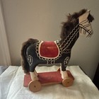 Vintage 1940 Wooden Horse Pull Toy On Wheels  Faux Fur Mane   Tail