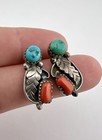 Vtg Navajo Sterling Silver Sleeping Beauty Turquoise   Coral Stamped Earrings