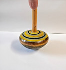 Wooden Spinning Top Hand Crafted 4  Real Wood Toy Yellow Green Cream Stripes