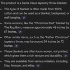 Santa Claus Tapestry Father Christmas Fringed 100  Cotton 67 x46  Throw Blanket