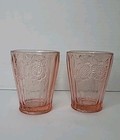 2 Rare Vintage Pink Depression Juice Glasses Sunflowers 3 5   