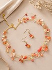 Orange Carnelian Shell Beaded Necklace   Earrings Set   Brass Metal   Coated Pea
