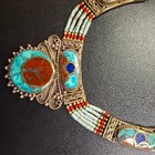 Navajo-western Style Turquoise  Vintage Choker Necklace W  Gold Metal And Beads