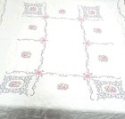 Vintage Finished Linen Tablecloth Pink Floral Cross Stitch Embroidery 68  X 53 