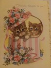  1950s Vtg Kittens Cat Greeting Card Unused Pink Hat Box Pink Roses Cottagecore 