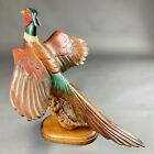 Vintage Hand Carved Large Wooden Ring-necked Pheasant Bird Figurine Stand Signed