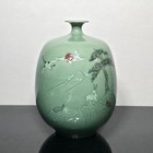 Vintage Korean Celadon Vase Signed Crackle Glaze Crane Deer Turtle Landscape