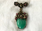 Art Nouveau 1920s Czech Jade Art Glass Faux Pearl Ruby Rhinestone Brass Brooch