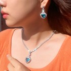 Silver Plated Cz Bridal Blue Heart Drop Wedding Necklace Earrings Jewelry Set