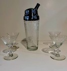 Vintage Diamond Cut Cocktail Shaker With Cap And 4 Martini Glasses