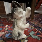 Adorable Japan Vintage Ceramic Cat Figurine White   Gray Kitty With Raised Paw