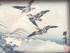 Vtg Japanese Woodblock Print 3 Shorebirds Over Waves Suian Hirafuku 1844-90 Frmd