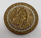 Antique Brass Victorian Picture Button  Couple Walking With A Scalloped Edge