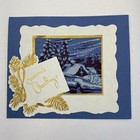 Vintage Mid Century Christmas Greeting Card Blue White Gold Snowy Landscape