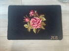 Antique vintage Wooden Needlepoint Foot Stool Dark Wood Roses Pinks Greens