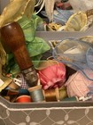 Lot  Sewing Box Full Of Antique Sewing Item  Bobbins  Vintage Sharps Toffee Tin