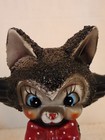 Vintage Cat Figurine 1950s Big Eyes Red Bow Ceramic Japan Style 7  Tall Kitsch