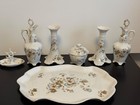 Vintage Antique 10pc Porcelain Hand Painted Vanity Dresser Set White Blue Floral