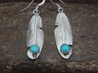 Native American Sterling Silver   Turquoise Feather Dangle Earrings By Francisco