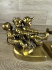 Pair Of Vintage Brass Tug Of War Children Bookends- Heavy Figural Art Deco Read