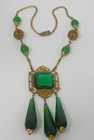 Estate Art Deco Green Glass Brass Czech Statement Necklace Sunning   