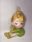 Vintage Girl Pixie Elf Figurine Green Ceramic W  Red Hair Mid-century