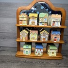 Vtg 1994 Rsvp Plus Ceramic Spice Jar Houses With Wooden Spice Rack set Of 11