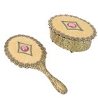 Vintage Vanity Trinket Box Hand Mirror Set Enamel Rhinestone Hollywood Regency