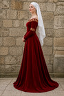 Medieval Red Velvet Renaissance Gown Off Shoulder Dress Gold Trim Costume