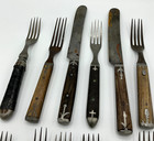 Set Of 12 Vintage Wooden Handled Forks   Knives  Good Patina