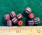  10  Huron Indian Red White Blue Chevron Glass Trade Beads Fur Trade 1800 s