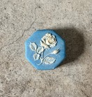 Vintage Blue Faux Incolay Trinket Box     Plastic Octagon Jewelry Box With Rose