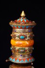 Tibetan Silver Gilded Mosaic Gem Gzi Beads Prayer Wheel Old Scriptures