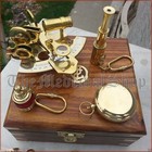 Vintage Maritime Compass Telescope Sextant W wooden Box Nautical Brass Gift Set