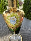 Bohemian Green Gold Hand Painted Raised Flower Art Glass Vase Ornate Vintage
