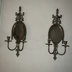 Vtg Mcm Set Of 2 Solid Brass W oval Mirror Wall Candle Sconces-french Influence