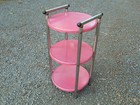 Mid Century Modern Pink   Chrome Serving Bar Cart Trolley 3 Tier Round Trays