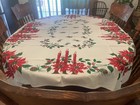 Vtg Mcm Holiday Tablecloth Red Green Poinsettias   Candles Holly Pine 64x54   